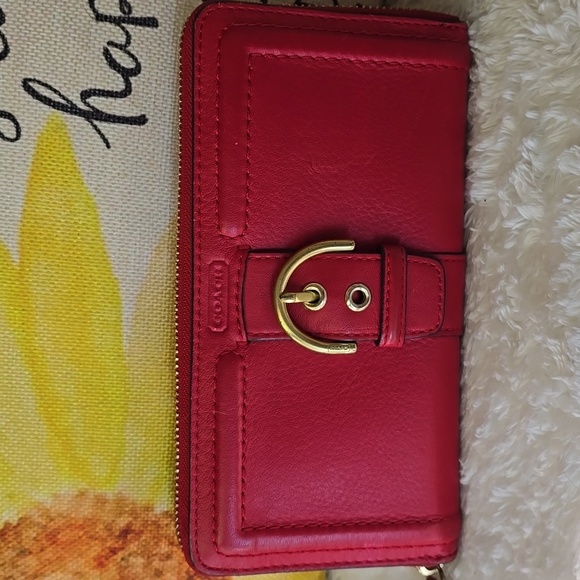 Coach Red Leather Zip Wallet with Gold Buckle - Picture 4 of 15